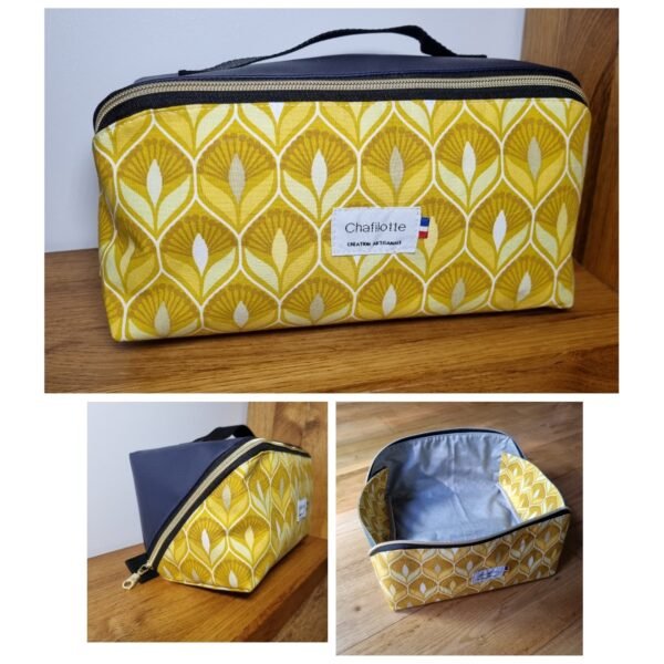 Trousse grande ouverture formes geometriques jaunes et bleues