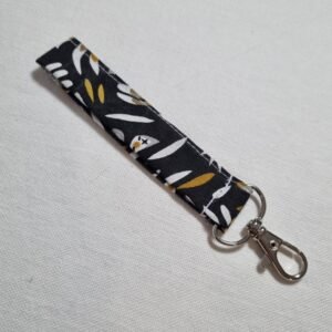 Porte clé dragonne petite noir et feuilles