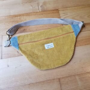 sac banane velours  moutarde et bleu-glacier