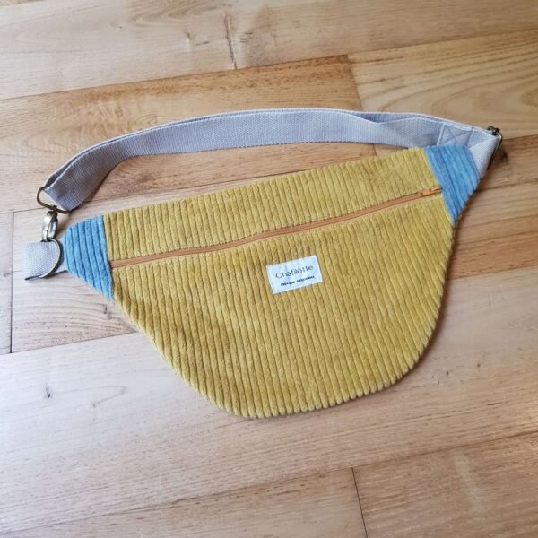 sac banane velours  moutarde et bleu-glacier